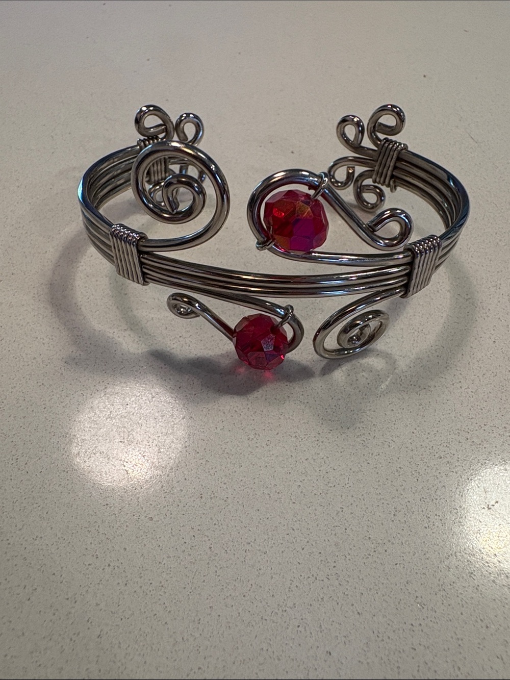 Silver-Tone Wire Cuff Bracelet with Red Bead Accents